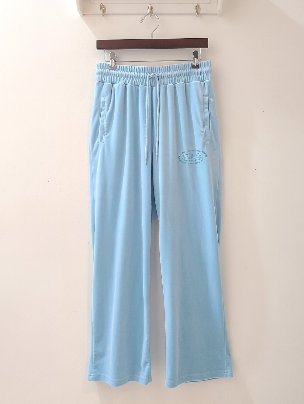 Von Dutch Women’s Blue Velour Rhinestone Logo Y2K Retro Wide Leg Sweatpants Sz L - Picture 5 of 16
